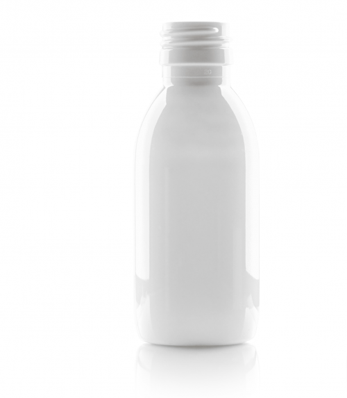 PET-Flasche, abgedeckt weiß AL - 150 ml, Ø28 Mund, 50x