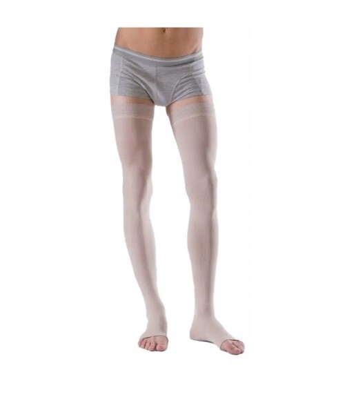 Kompressions-Oberschenkelfixierungsstrümpfe Venoflex Elegance 20-36 mmHg Herren, beige Größe 3, mit offener Spitze - 1x