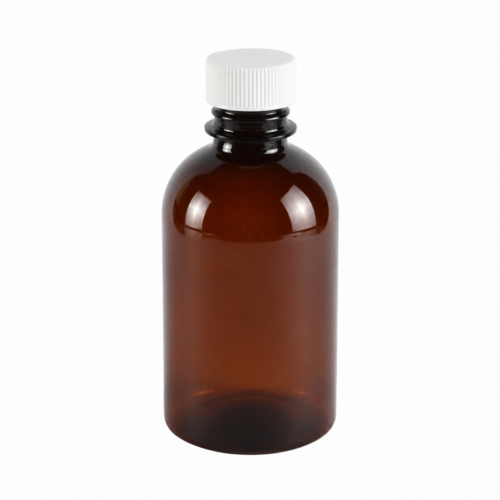 PET-Flasche, braun + weißer Verschluss A - 100 ml, Ø28-Mündung, 150x