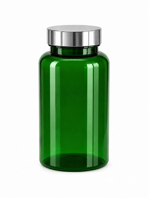 Medikamentenflasche, mit Schraubverschluss silber, mit Verschlussscheibe, grün - 120 ml 38/400 - 320x
