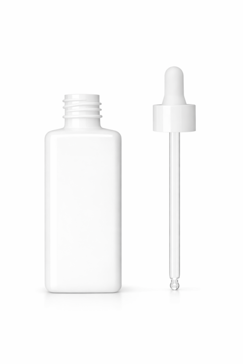 Quadratische Kunststoffflasche, weiß, 20/410, 90 ml + Pipette – 50 Stück